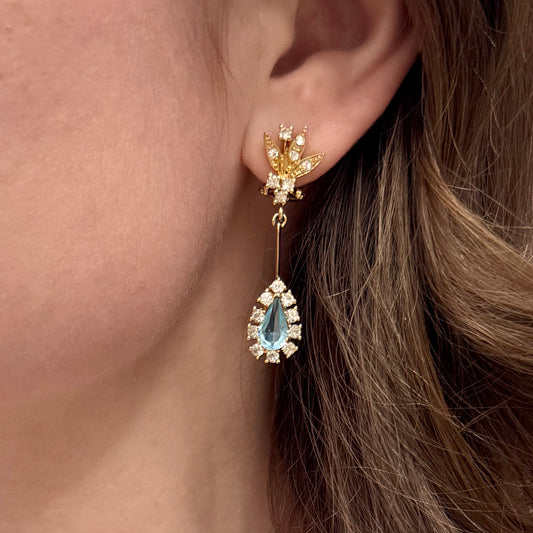 VINTAGE GOLD & BLUE CHRYSTAL DROP EARRINGS